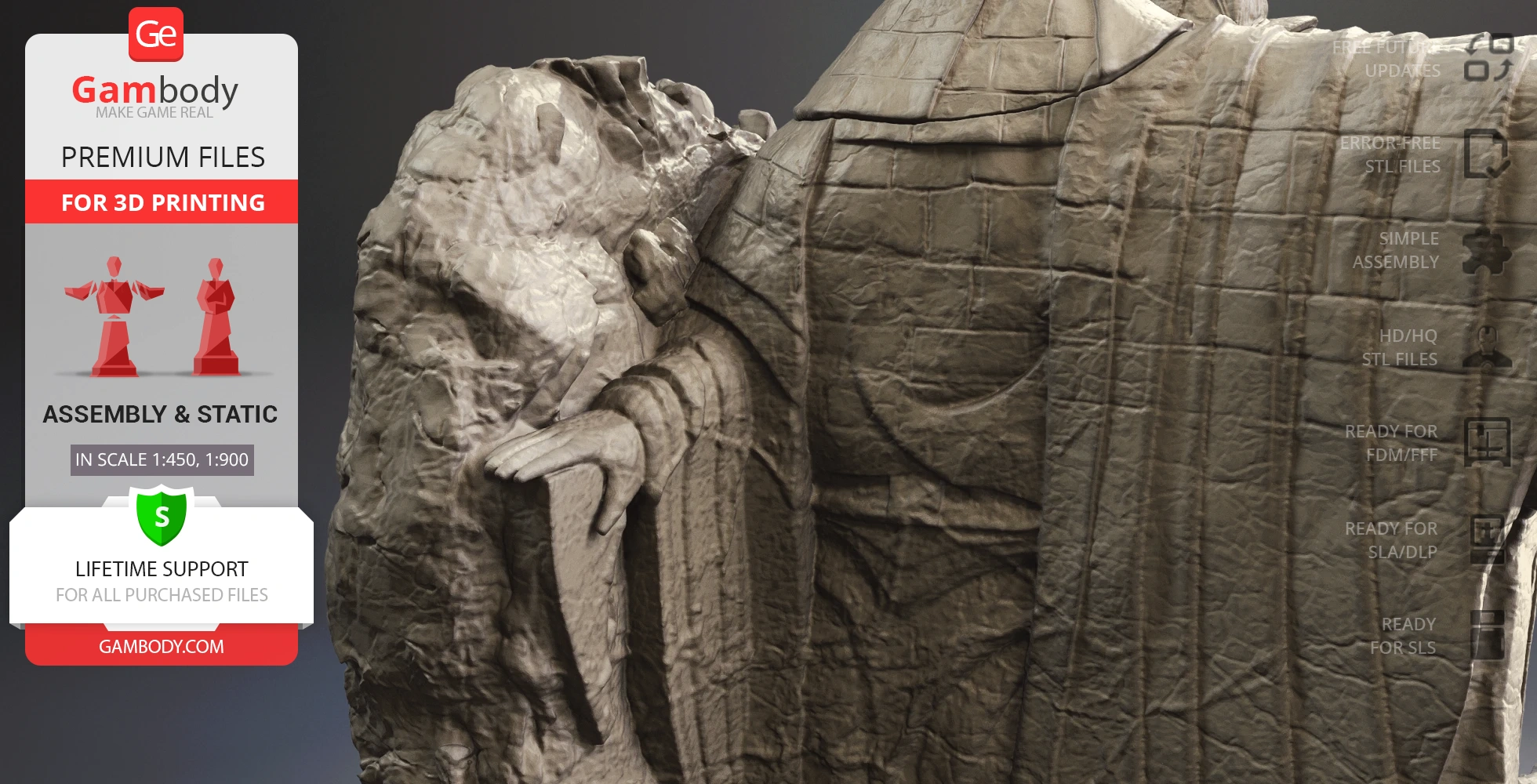 A detailed 3D model of a regal, robed figure with an outstretched arm, suitable for 3D printing.