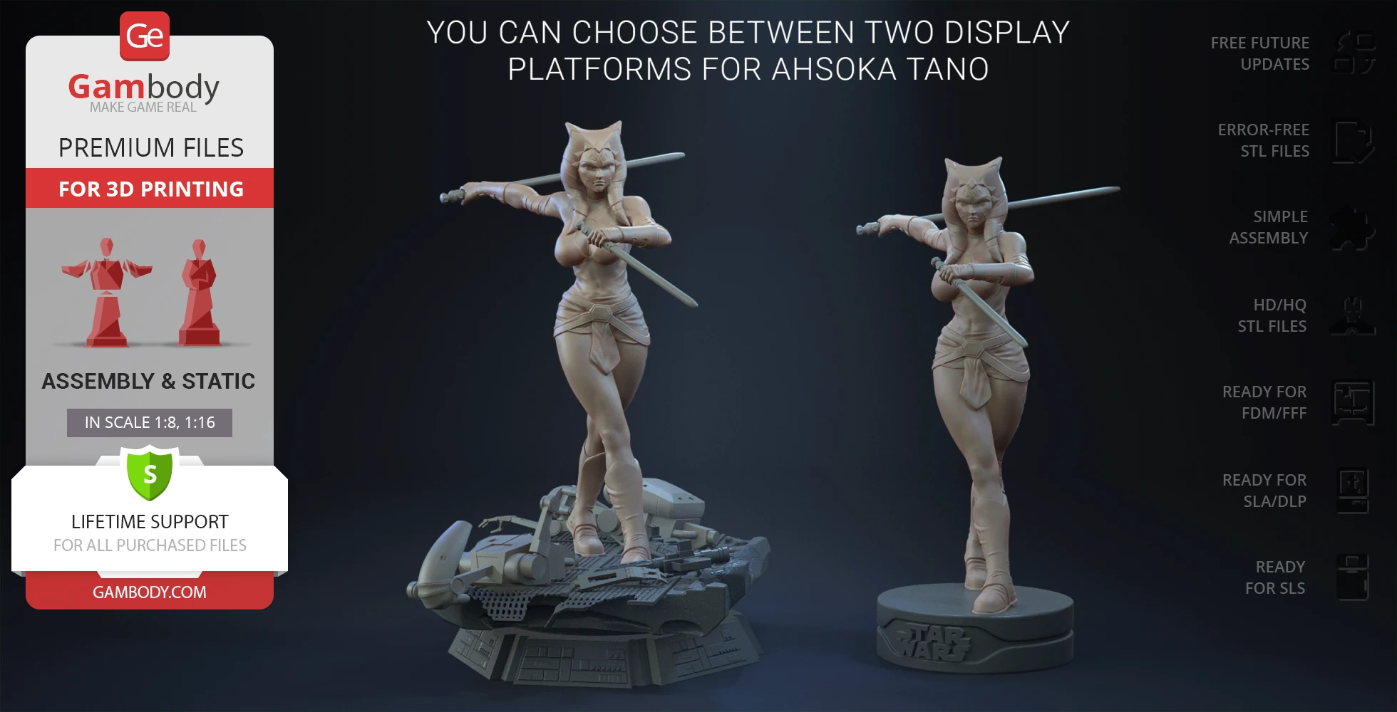 3D model of Ahsoka Tano with two display bases, posed holding dual lightsabers, ready for printing.