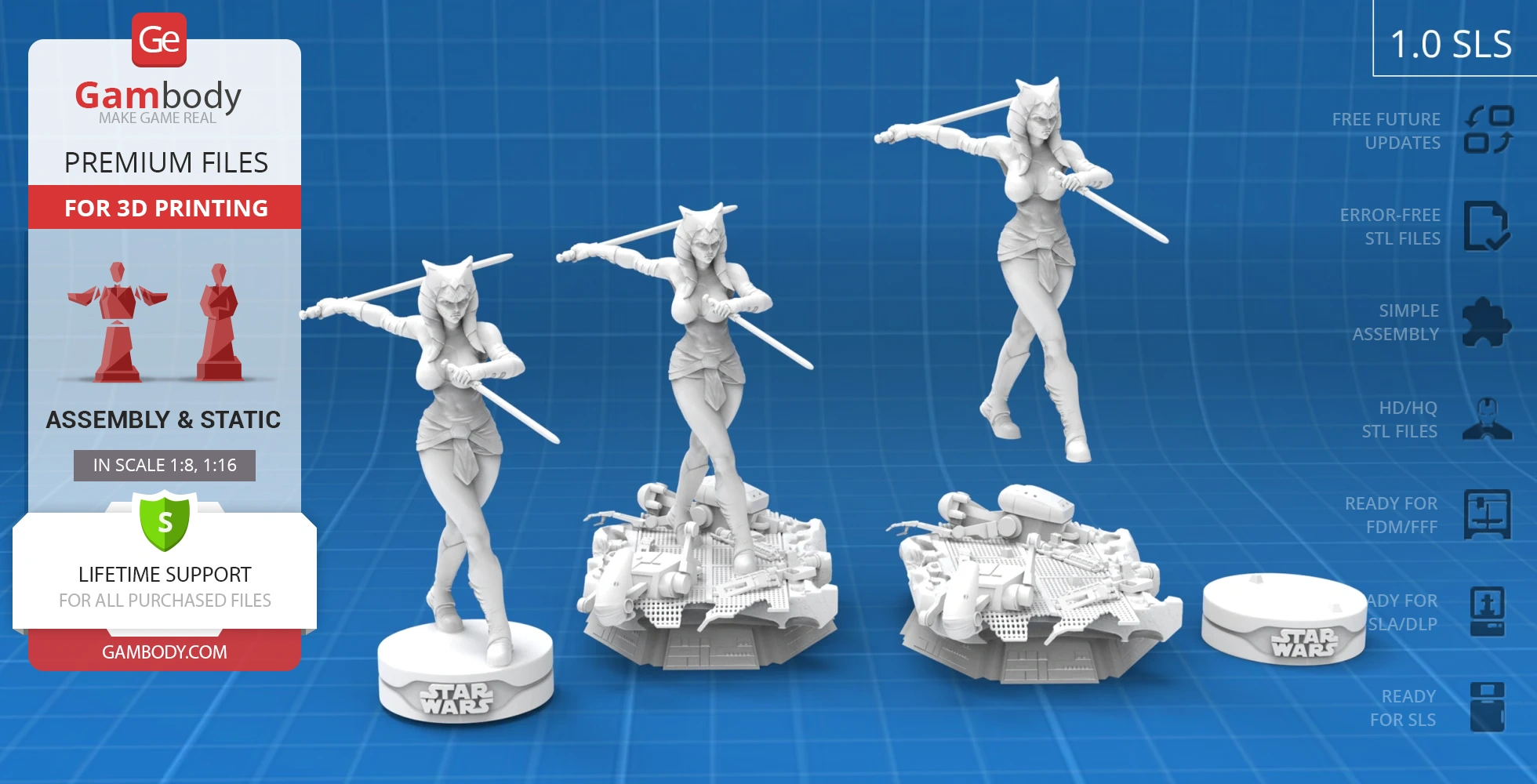 A dynamic 3D model of a female warrior, dual-wielding lightsabers, ready for 3D printing.