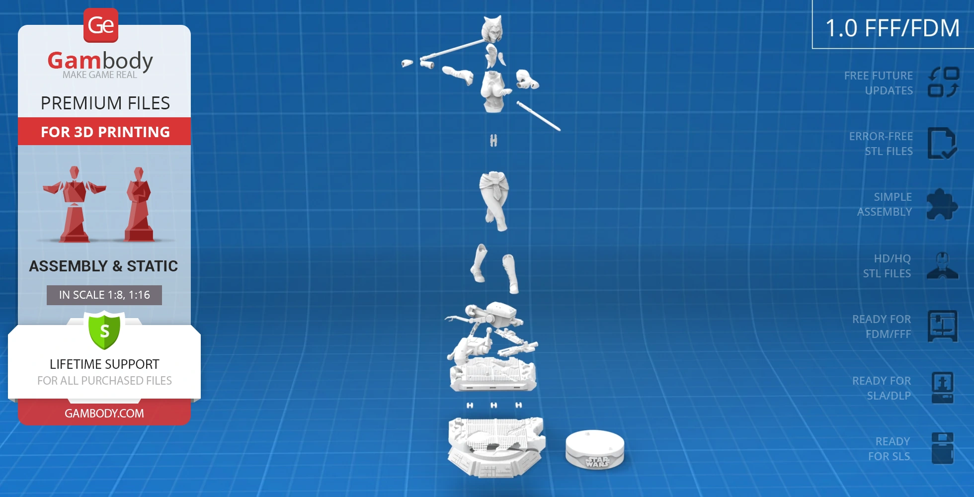 Ahsoka Tano 3D model parts for assembly, displayed in floating layers on a blue grid background.