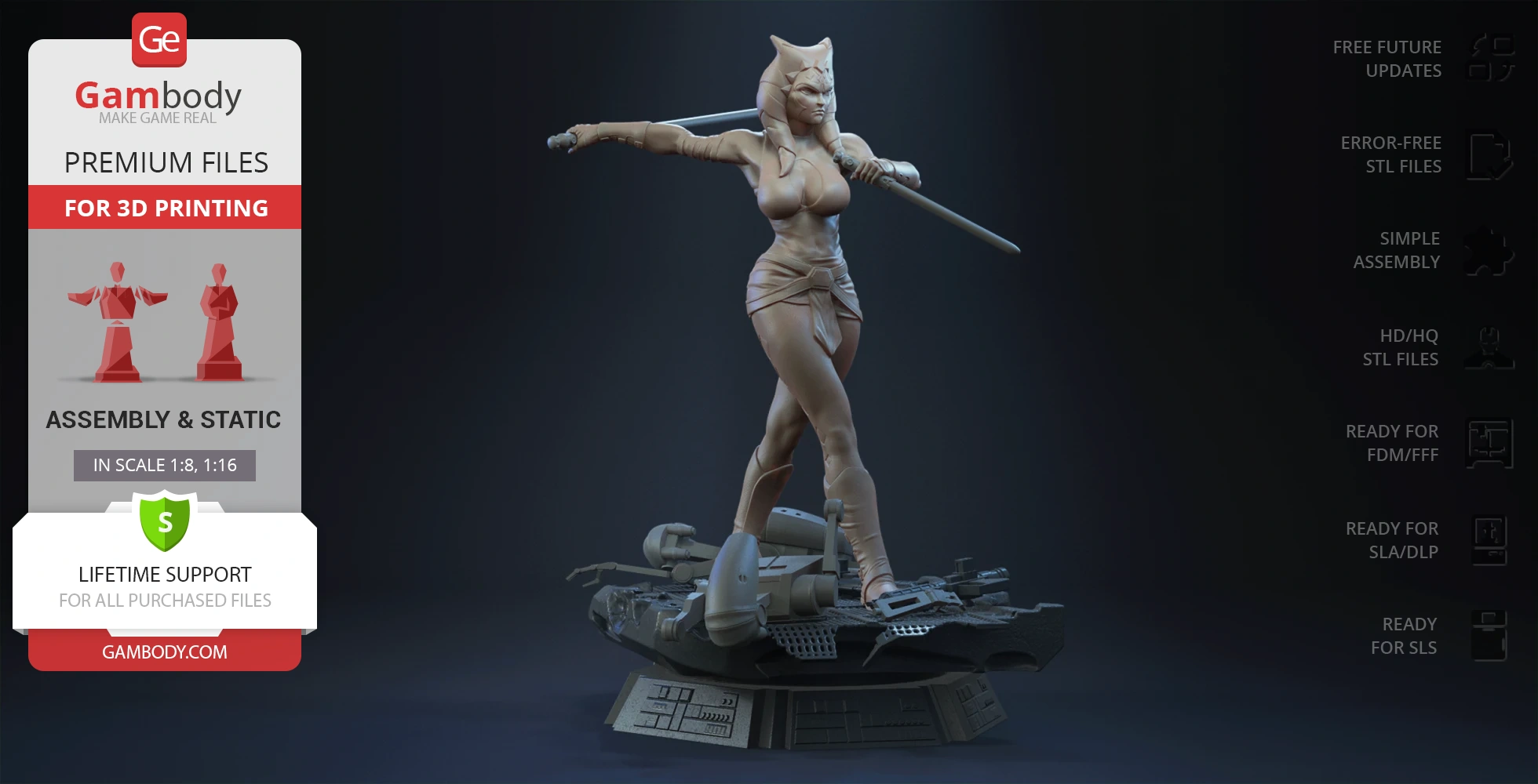 A dynamic 3D model of a warrior with two lightsabers, striking a combat pose on a detailed base.