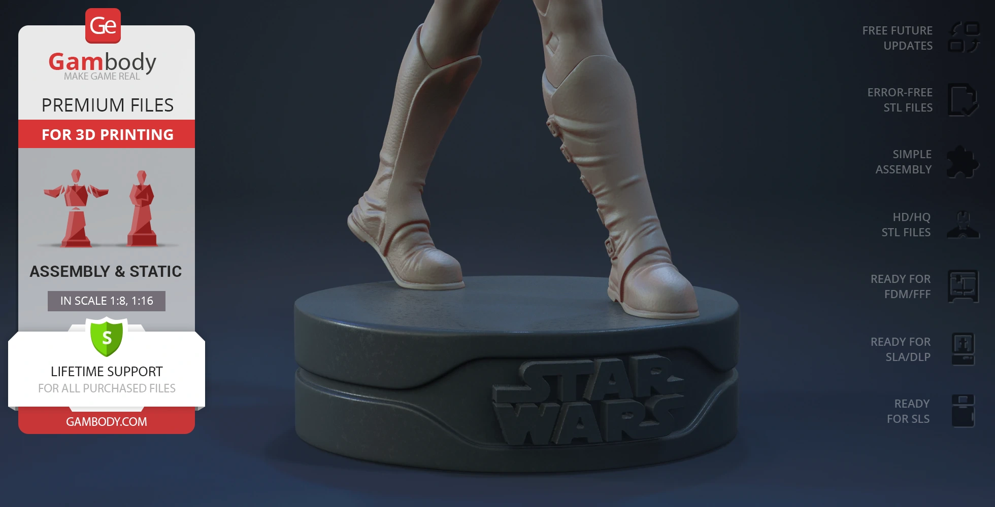 A 3D model of legs in armor on a round Star Wars base, ready for 3D printing.