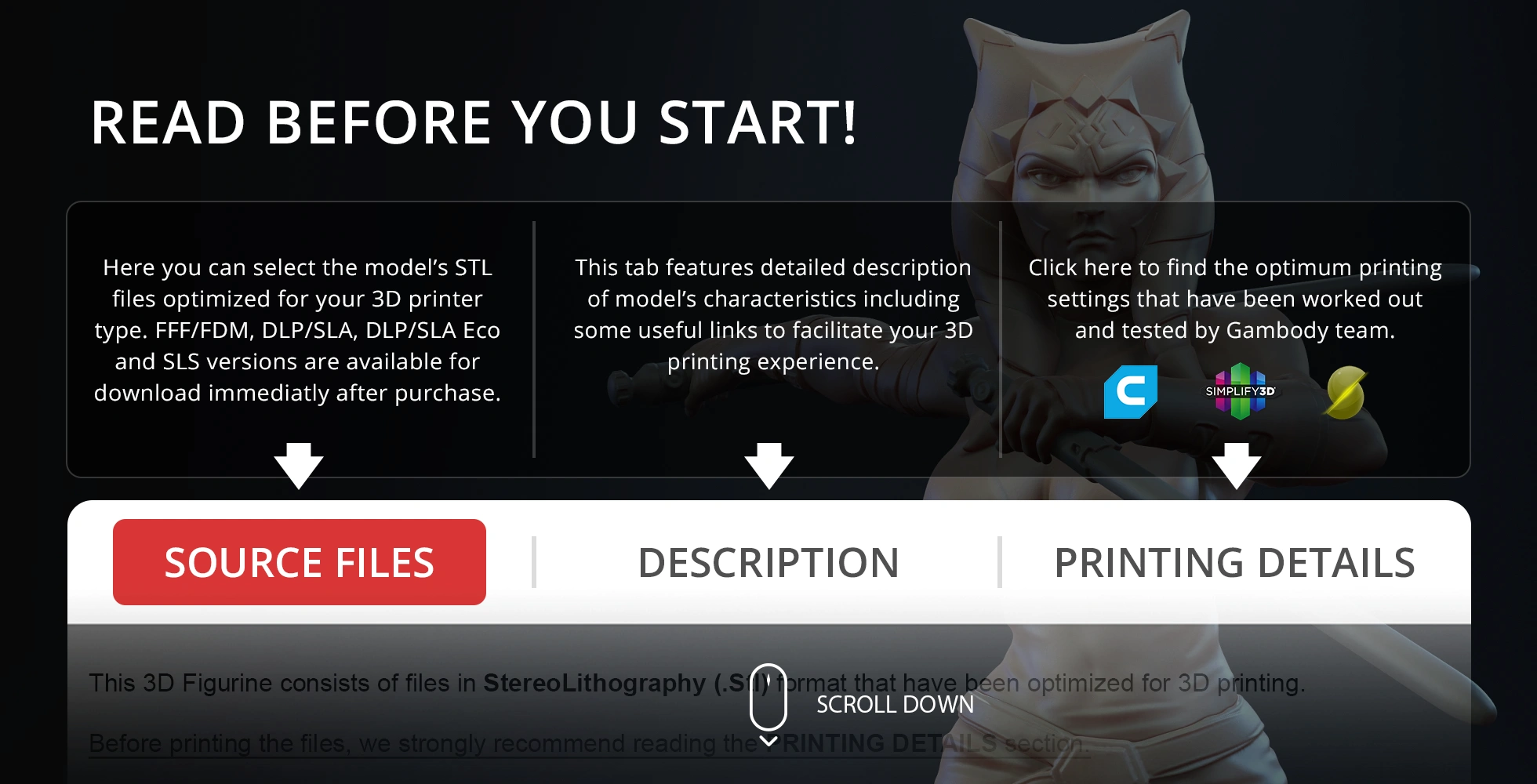 Ahsoka Tano 3D model and printing info displayed, featuring tabs for source files, description, and details.