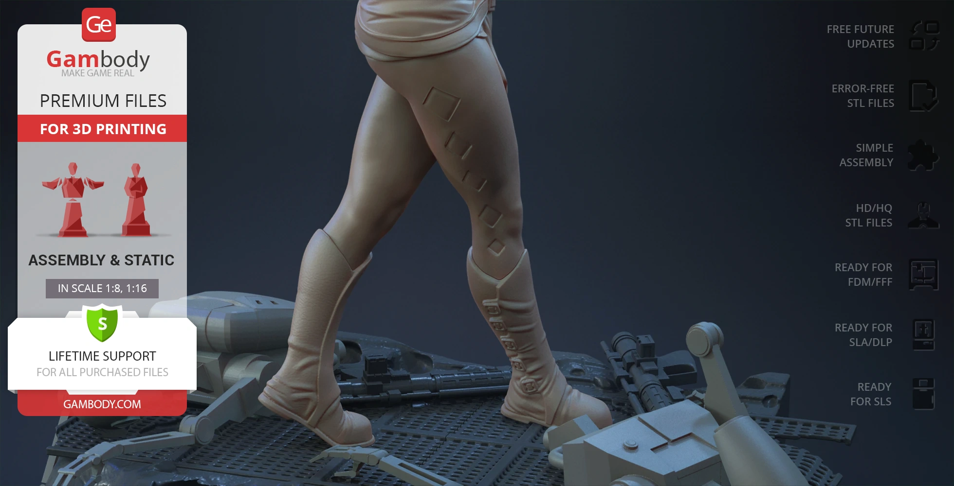 A 3D model of Ahsoka Tano's legs in detailed Clone Wars attire, standing on a mechanical base.