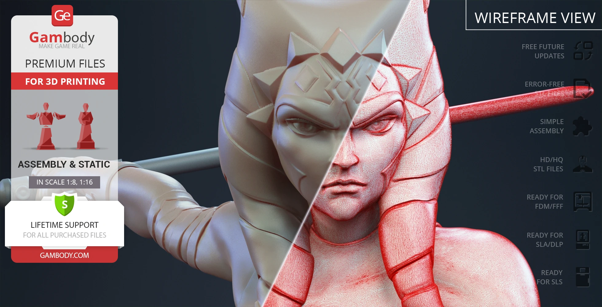 3D model of a character with detailed facial features, shown in solid and wireframe views.