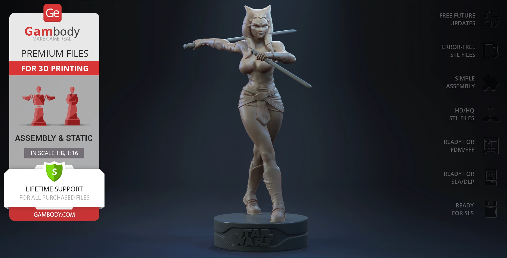 3D model of a warrior in dynamic pose, holding two swords, on a Star Wars-themed base.