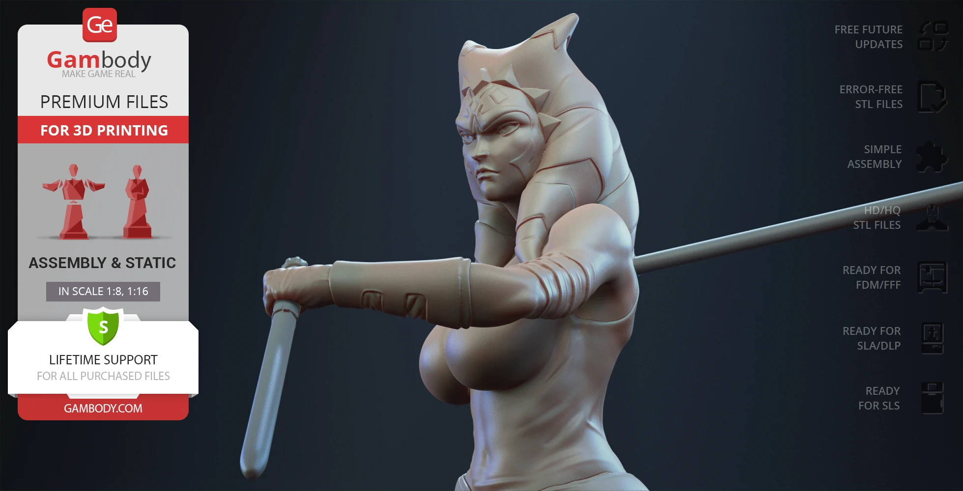 3D model of a female warrior holding two lightsabers, with detailed headpiece and armor, ready for 3D printing.