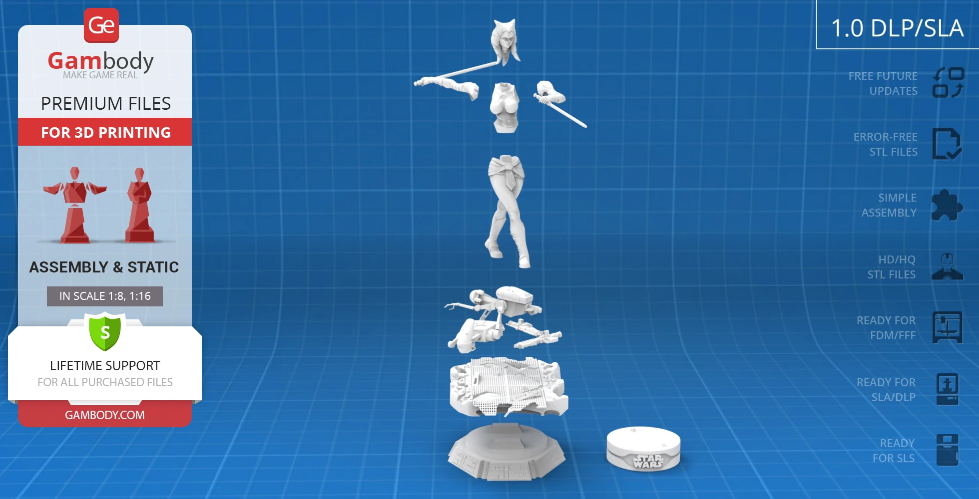 3D model parts of Ahsoka Tano from Star Wars, ready for assembly and 3D printing on a blue grid background.