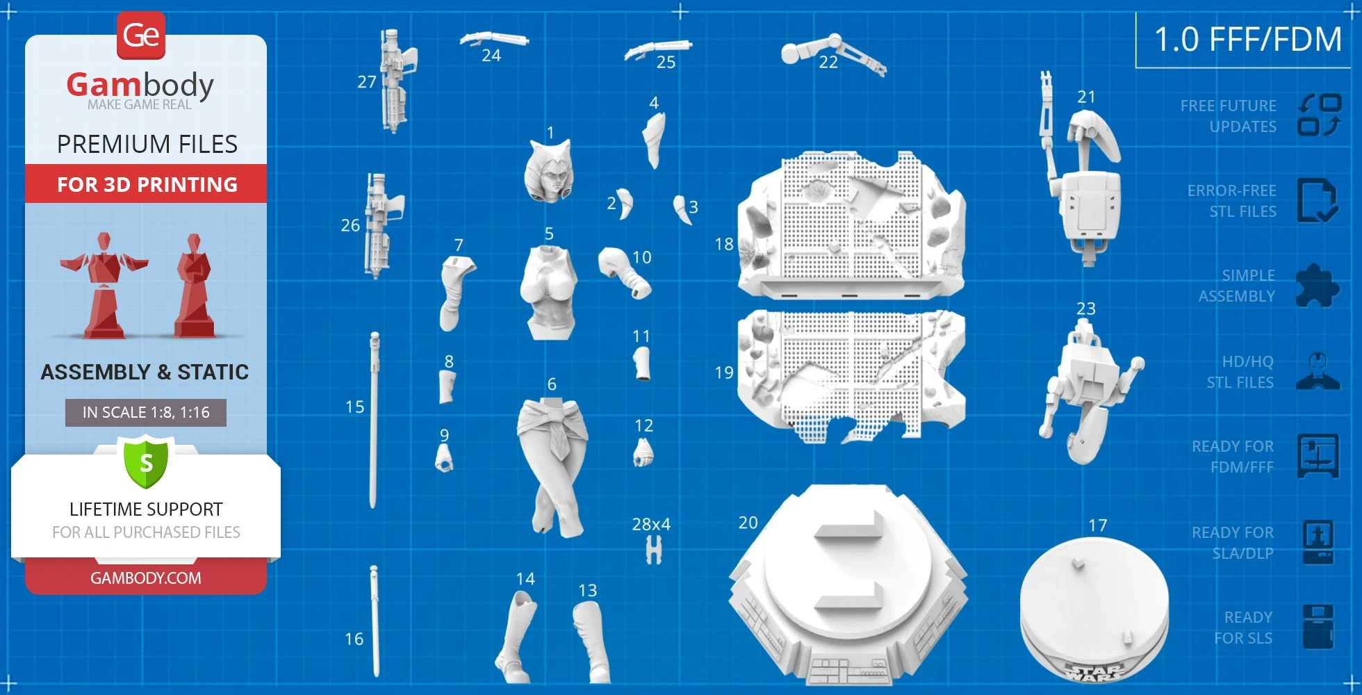 Image shows a blueprint of Ahsoka Tano model parts for 3D printing on a blue grid background.
