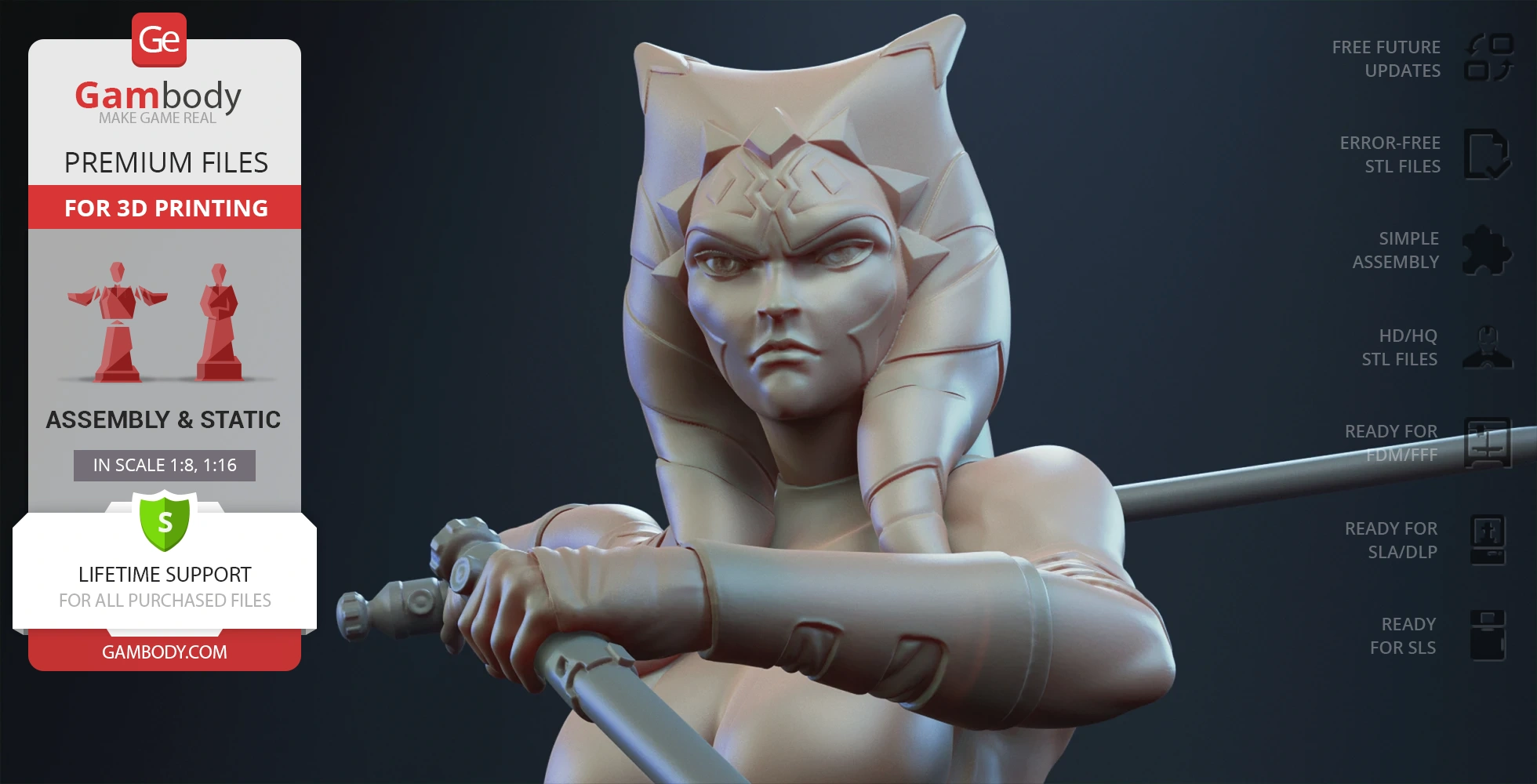 A detailed 3D model of a stern-faced character with head-tails, holding a long staff.