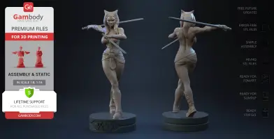 A 3D model of a character from Star Wars holding two lightsabers, designed for 3D printing.