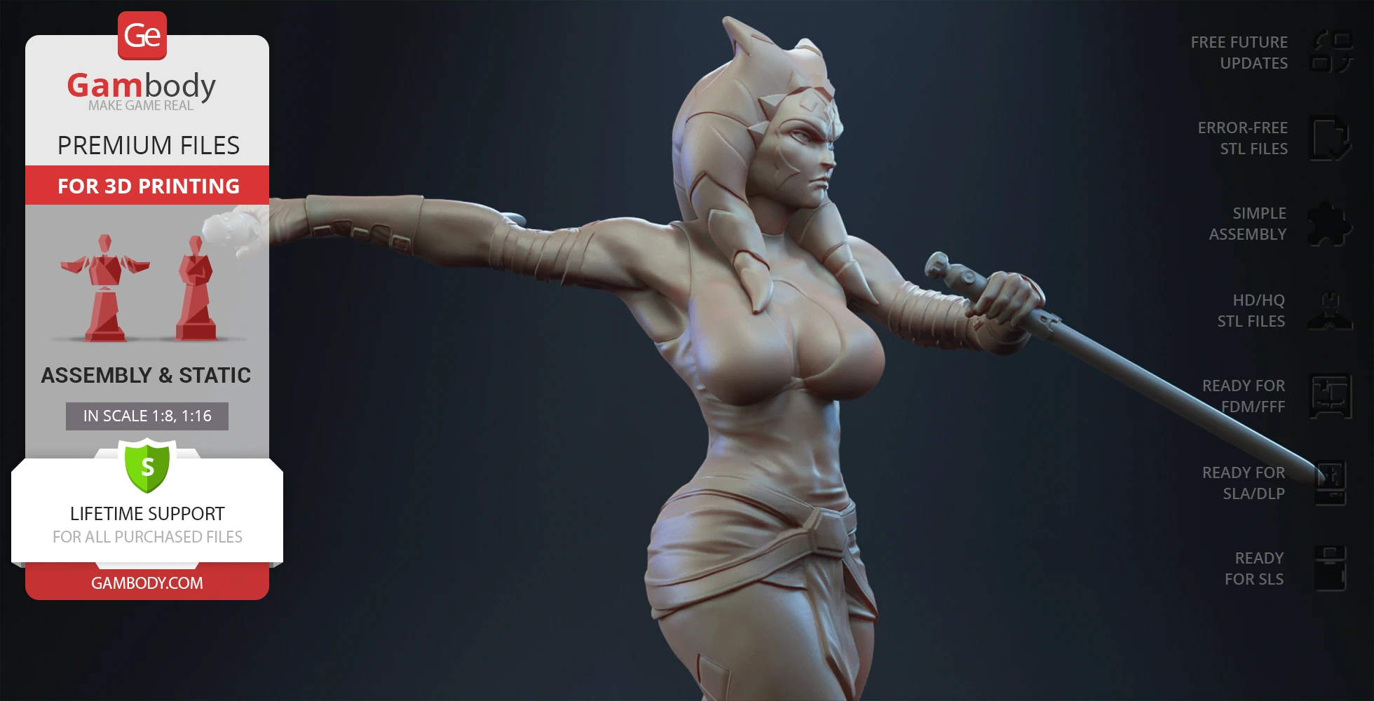 A 3D model of Ahsoka Tano from Star Wars, in a dynamic pose, suitable for 3D printing.
