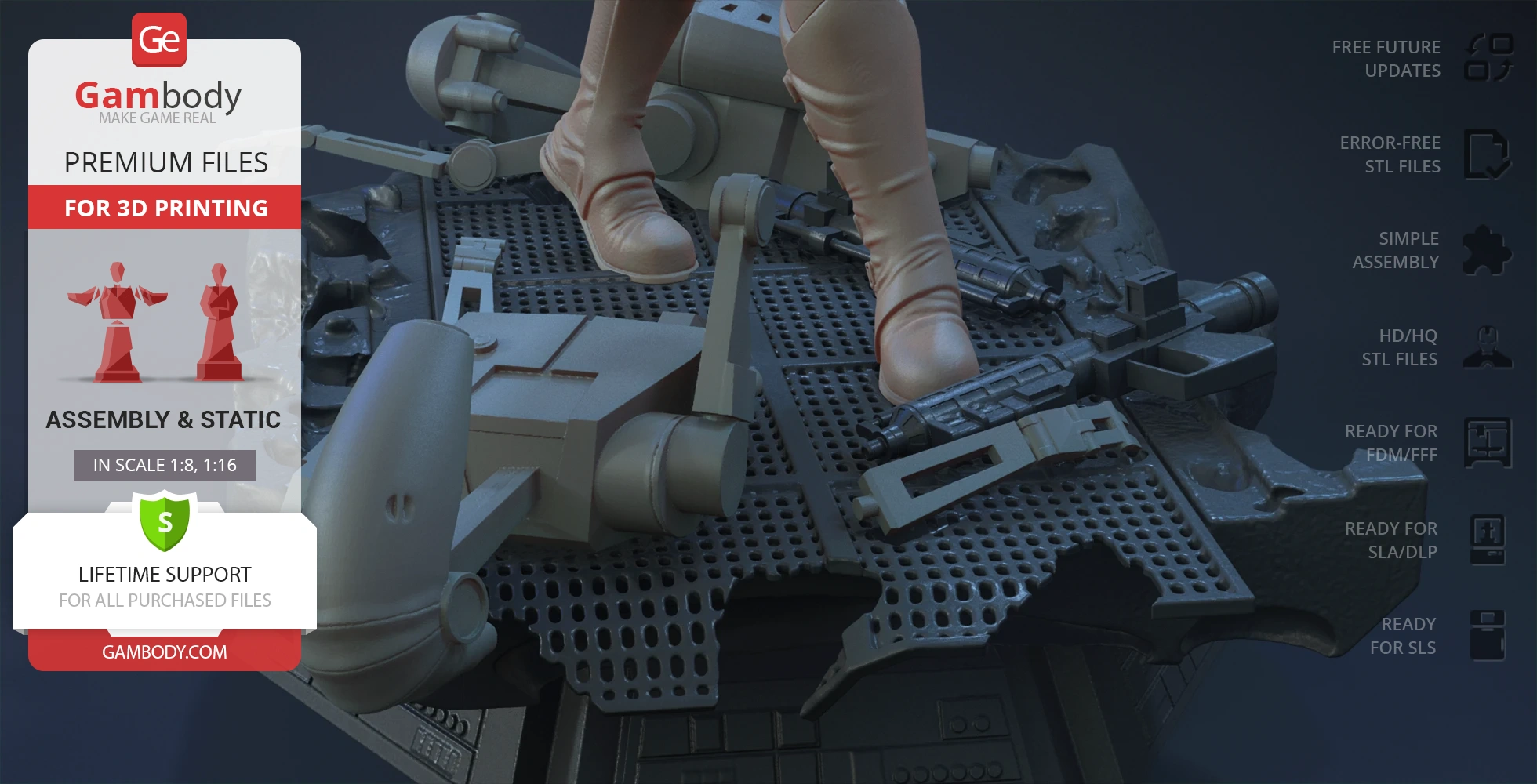 Ahsoka Tano's feet on a detailed sci-fi base with mechanical parts, designed for 3D printing by Gambody.