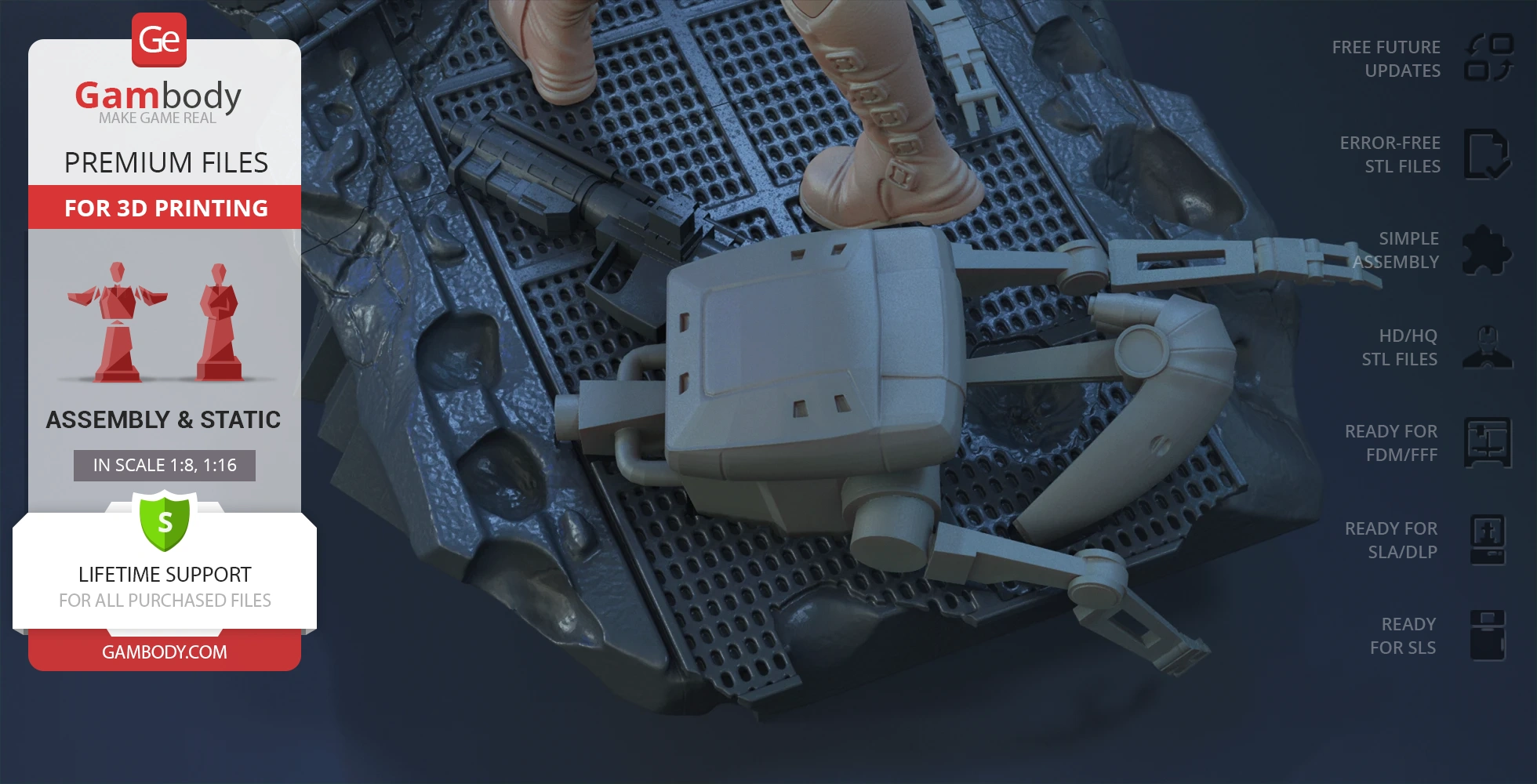 A 3D printed model includes a robotic arm and figure standing on a detailed rocky base with mesh pattern.