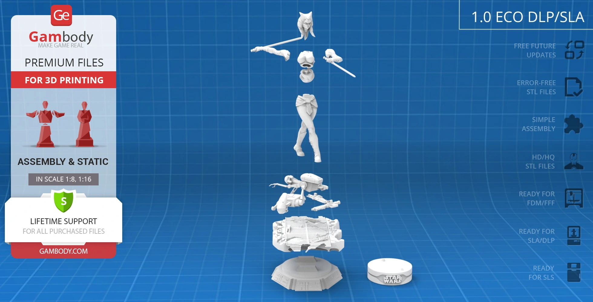 Exploded view of a 3D printable Ahsoka Tano model with assembly parts and base.