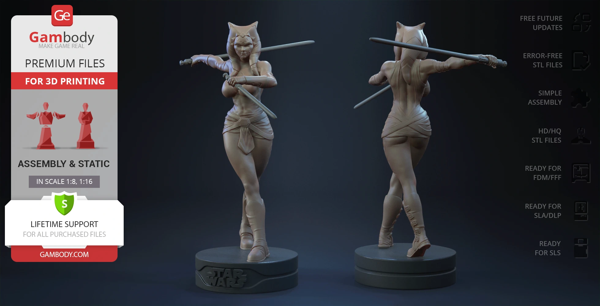 A 3D model of a character from Star Wars holding two lightsabers, designed for 3D printing.