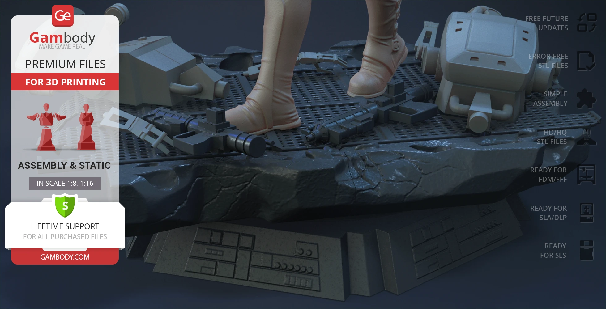 A detailed base of a 3D model with Ahsoka Tano's legs, featuring Star Wars-themed terrain and equipment.