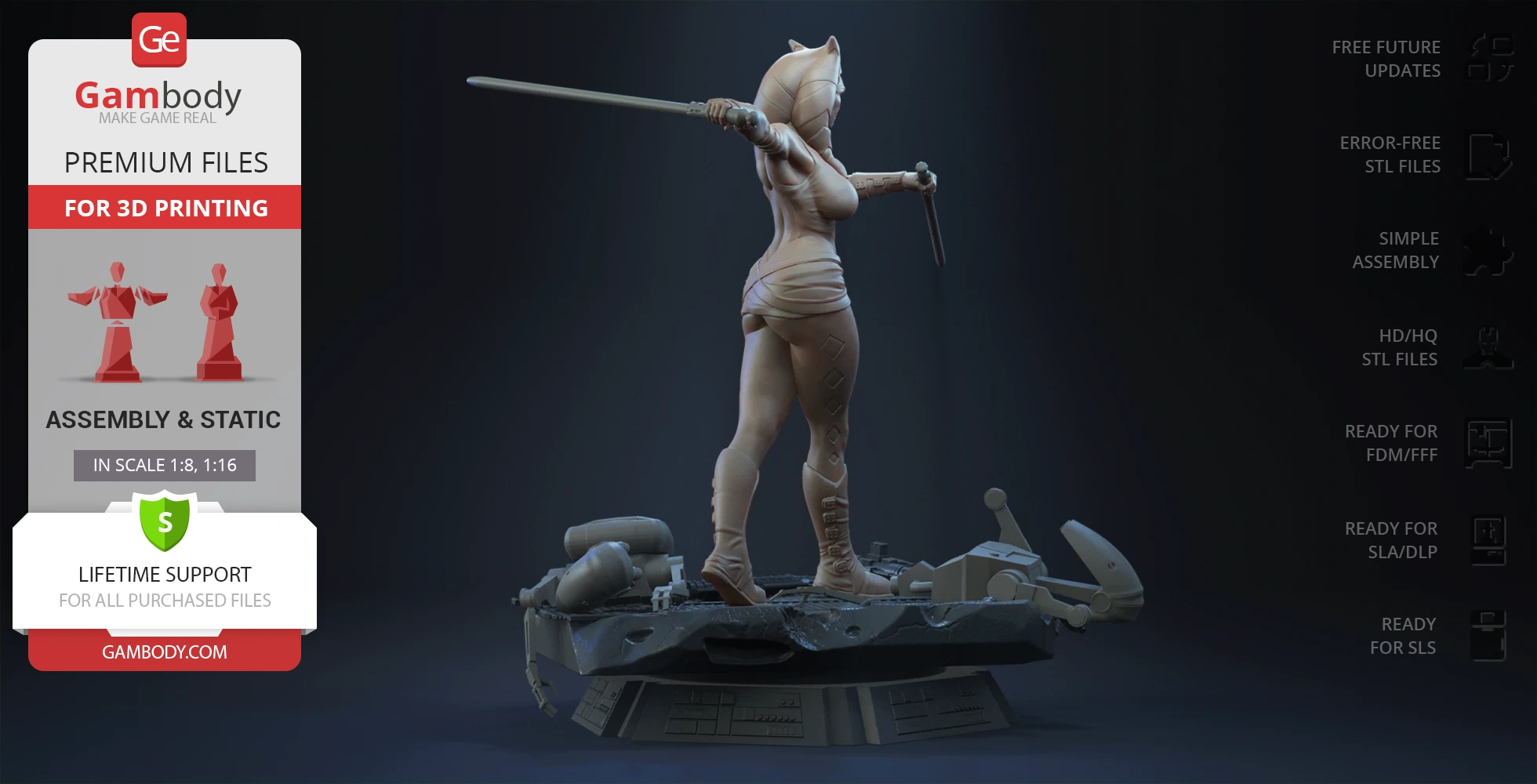 A 3D model of a warrior woman with dual lightsabers on a detailed sci-fi base, ready for 3D printing.