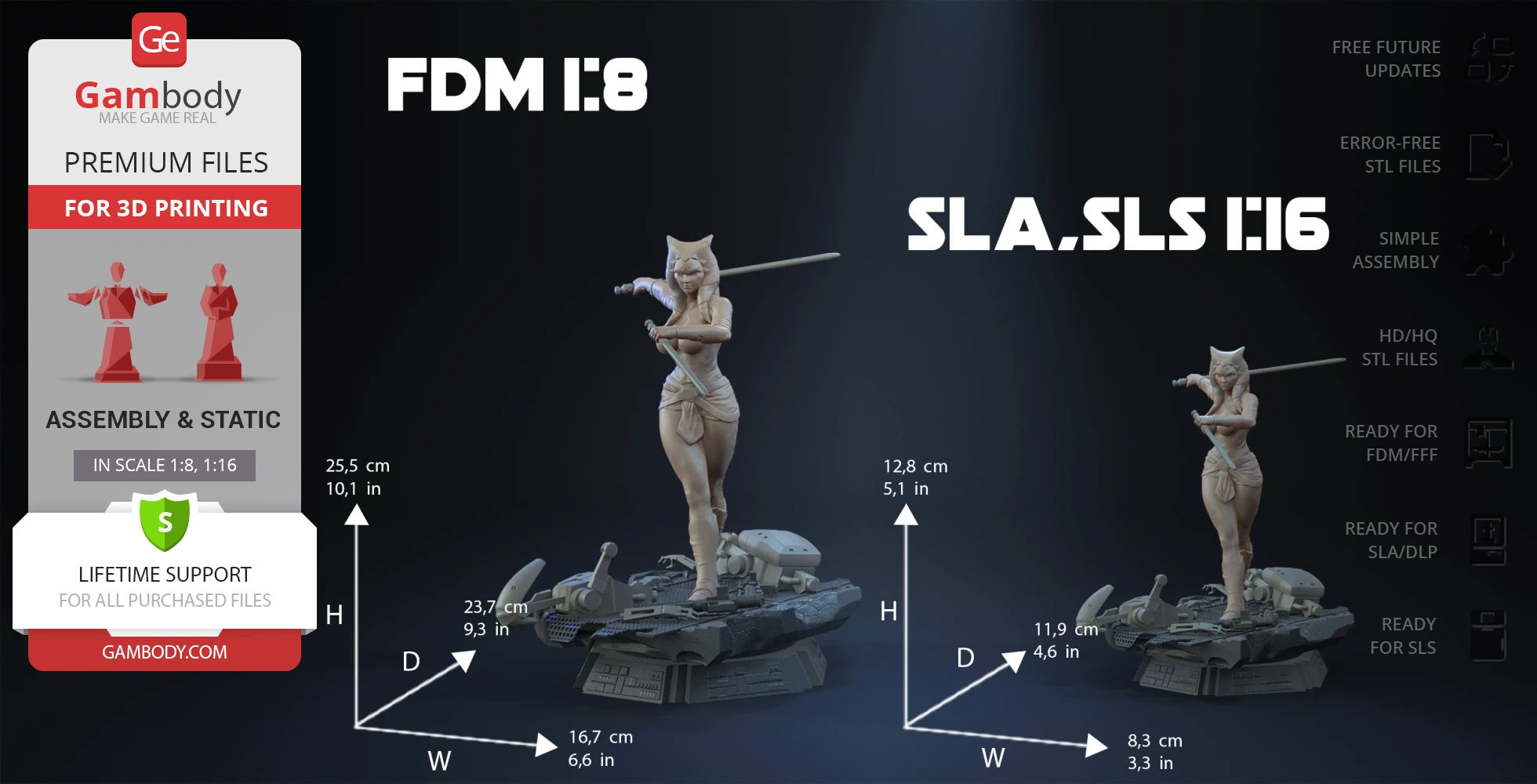 3D model of a character wielding a sword on a tech-themed base, ready for 3D printing at two scales.