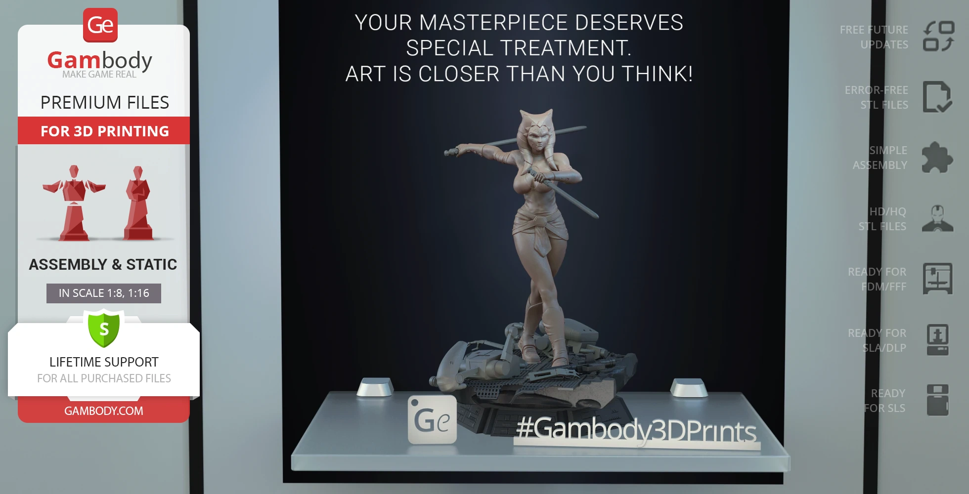 A 3D model of Ahsoka Tano from Clone Wars holding dual lightsabers on a detailed base.