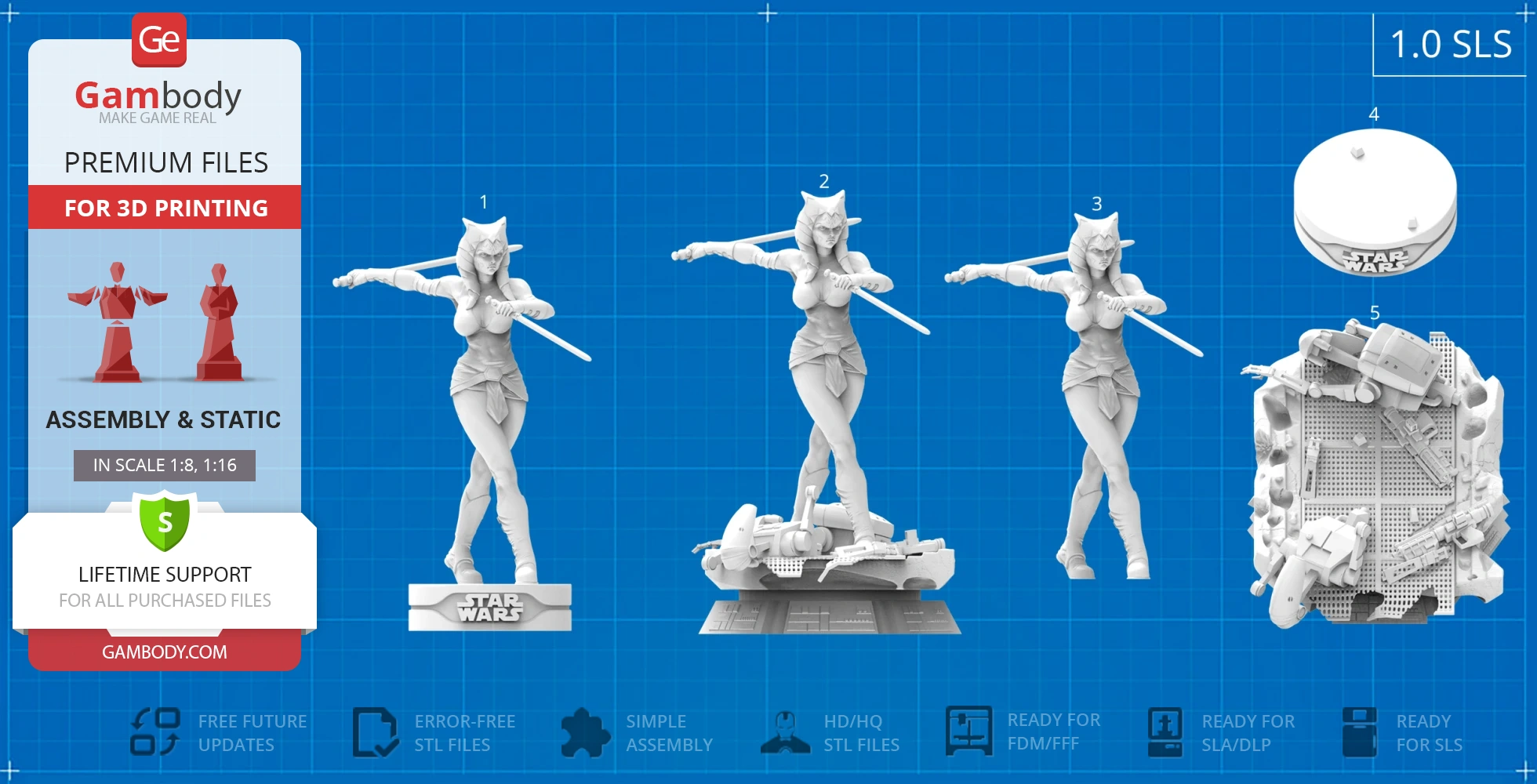 Ahsoka Tano 3D figure in action pose with dual lightsabers, on Star Wars-themed base.