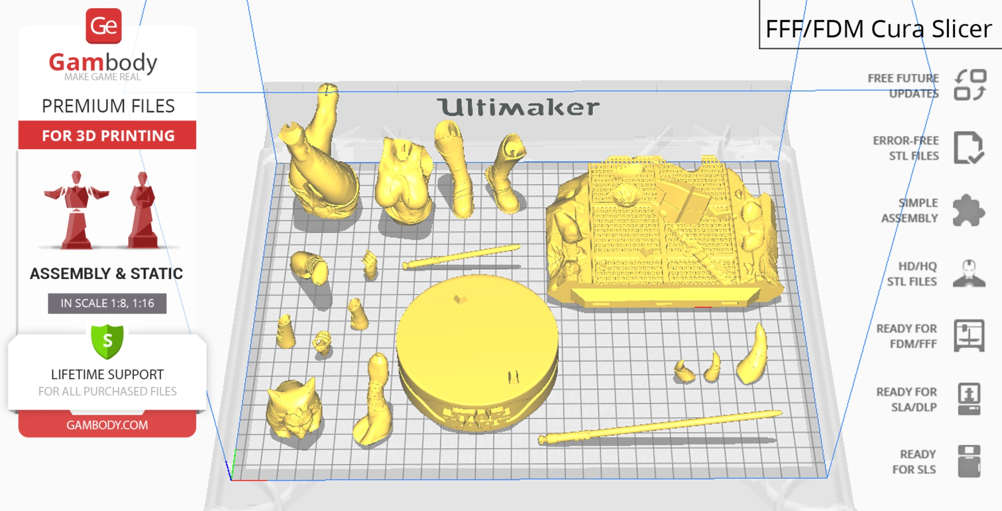 3D printable parts of Ahsoka Tano figurine from Clone Wars, displayed in a slicing software.