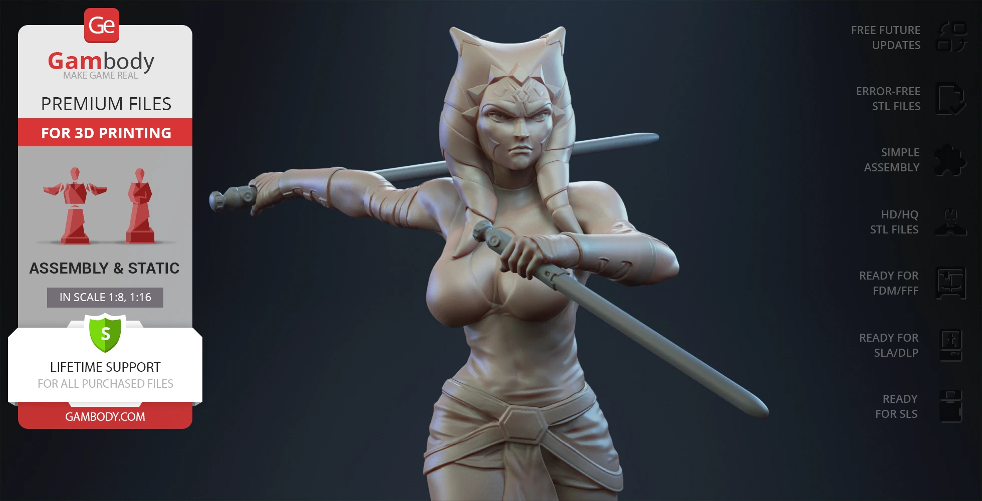 A 3D model of a female warrior with dual lightsabers, ready for 3D printing.