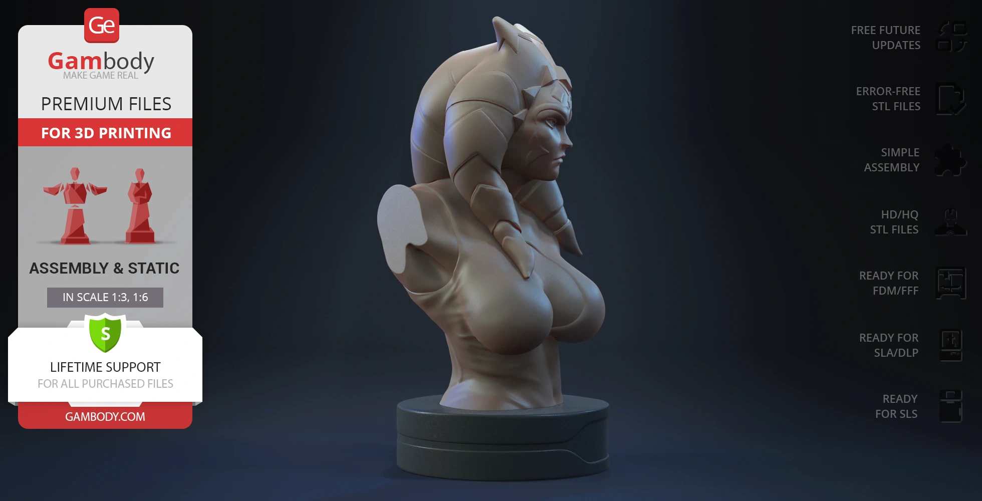 A 3D bust of Ahsoka Tano from Star Wars, designed for 3D printing, shown in profile view.