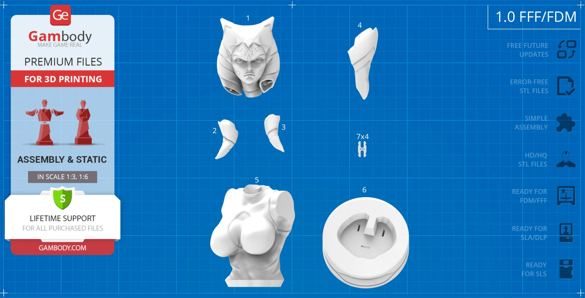 A 3D printed bust model of a character with headgear, showcasing multiple parts for assembly.