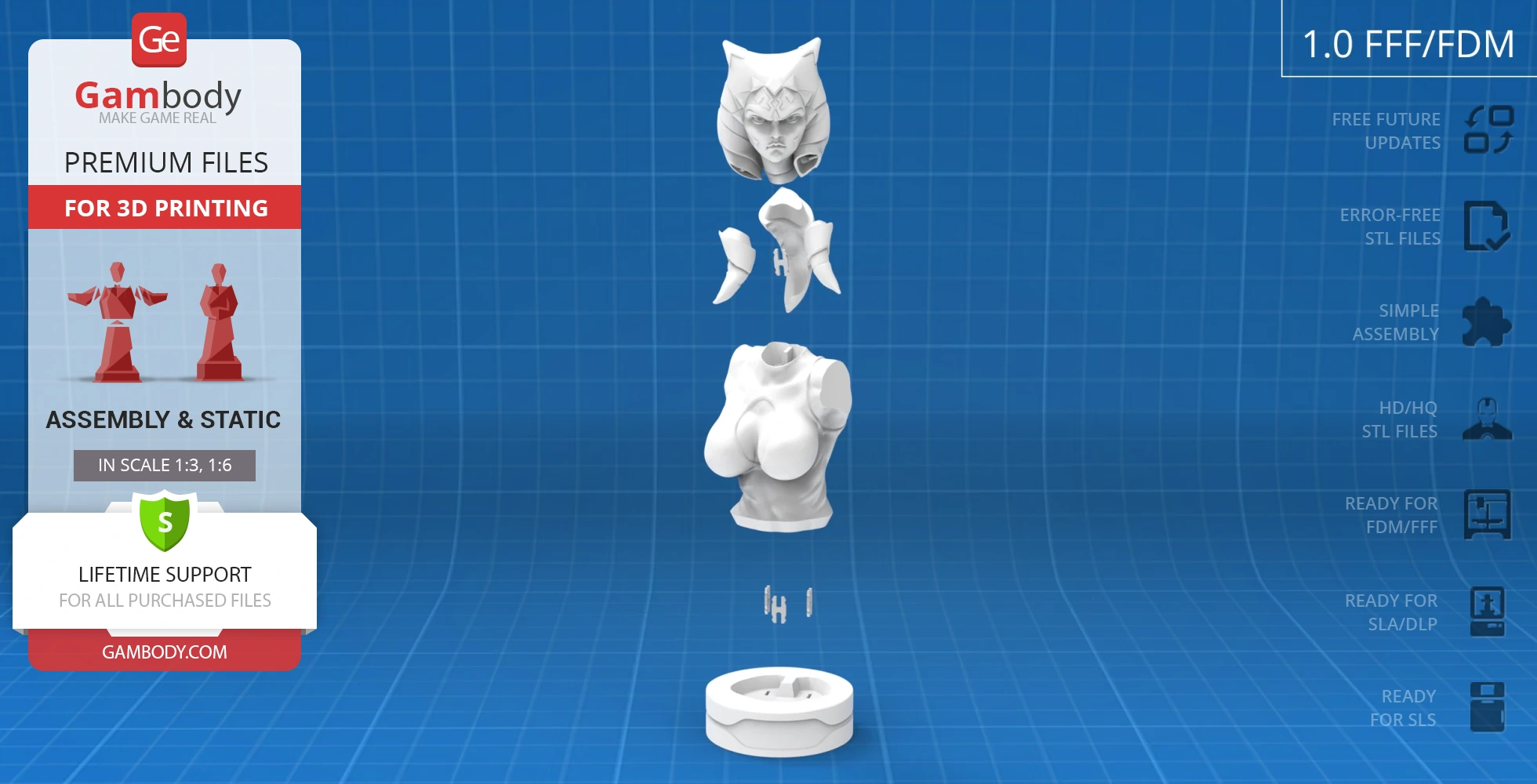 3D printable parts of Ahsoka Tano's bust from Star Wars, shown disassembled on a blue grid background.