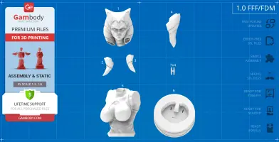 A 3D printed bust model of a character with headgear, showcasing multiple parts for assembly.