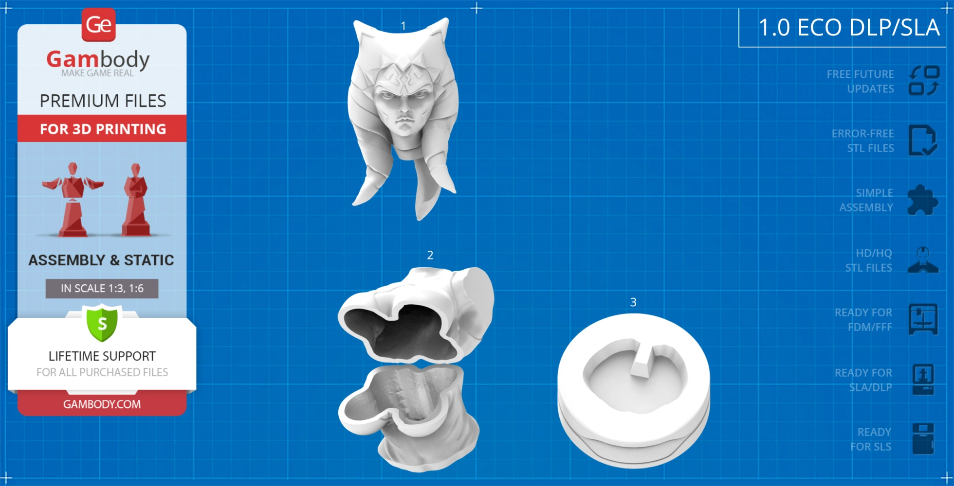 3D model of Ahsoka Tano bust for printing, showing assembly parts on blueprint background.