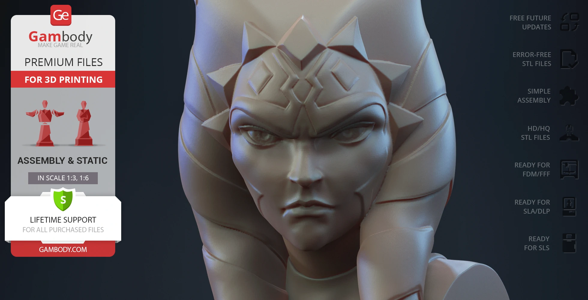 A detailed bust of Ahsoka Tano from Clone Wars, designed for 3D printing.