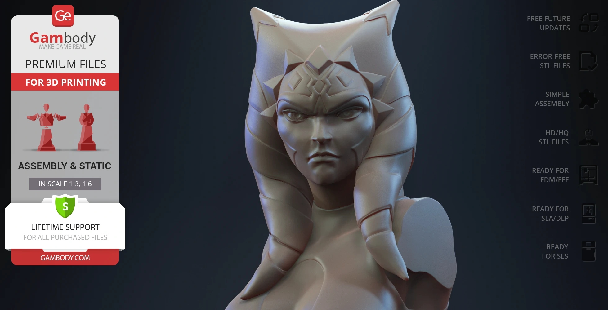 A 3D printed bust of Ahsoka Tano from Clone Wars, featuring intricate details and headpiece.