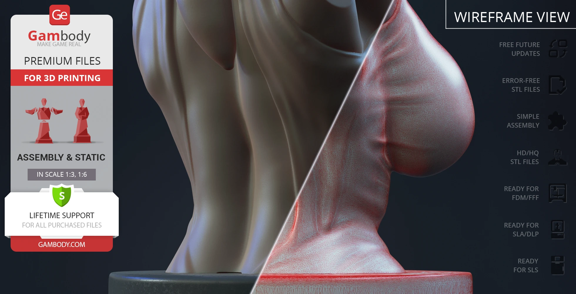 3D printable bust of character with detailed view of smooth and wireframe textures, promotional elements included.