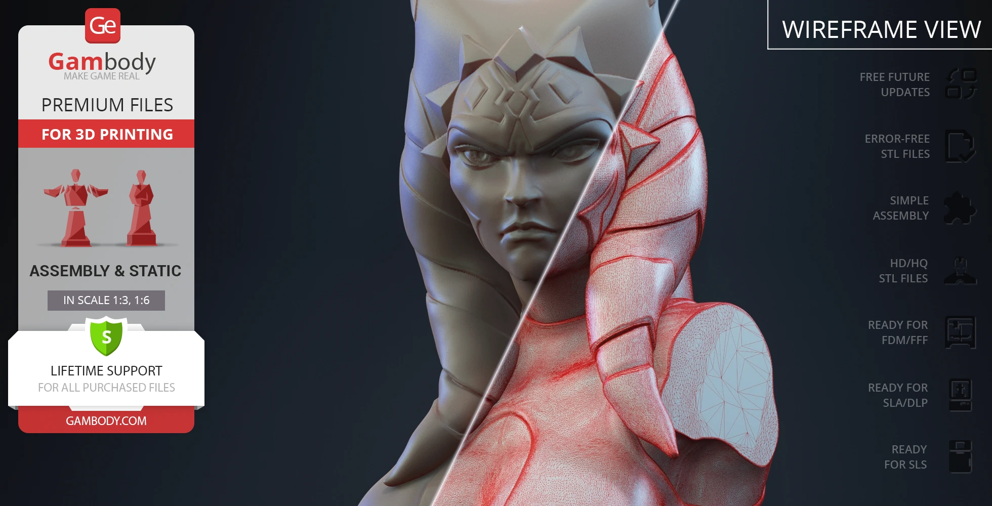 3D model of a bust featuring a character with intricate headgear and facial tattoos, shown in wireframe and solid.