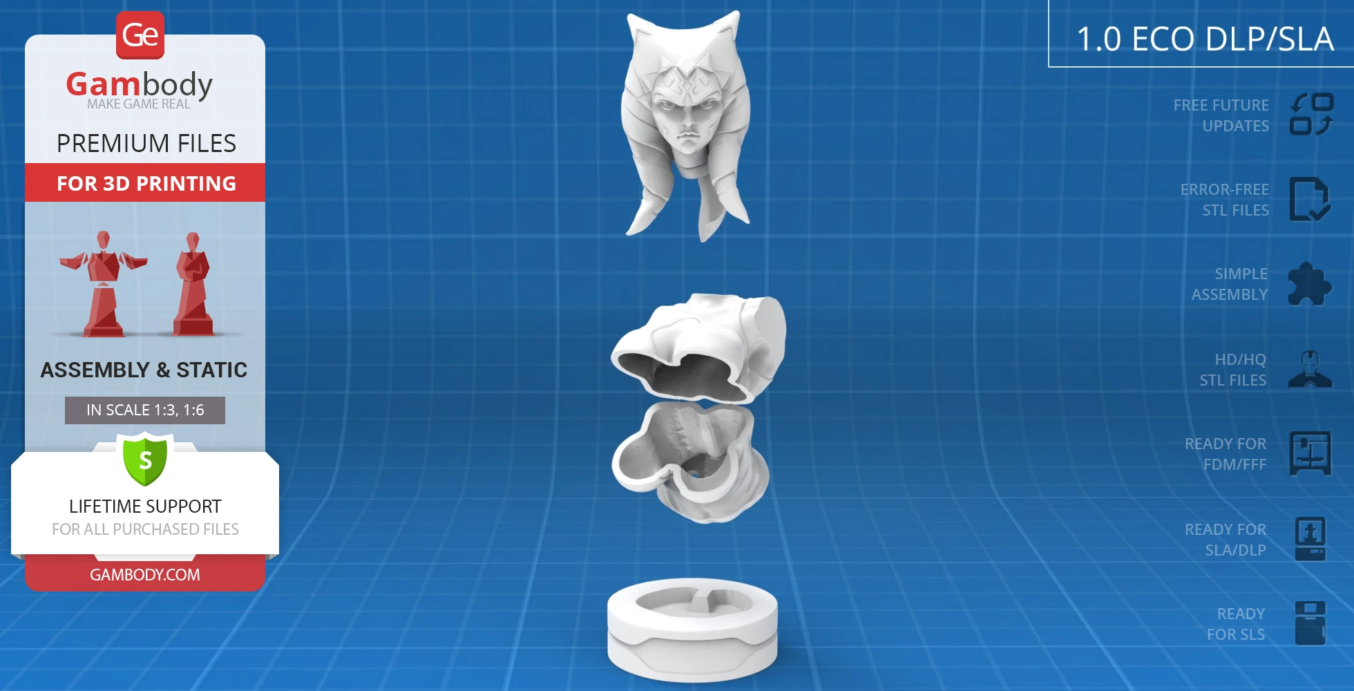3D printable Ahsoka Tano bust model from Star Wars, shown in separate assembly parts.