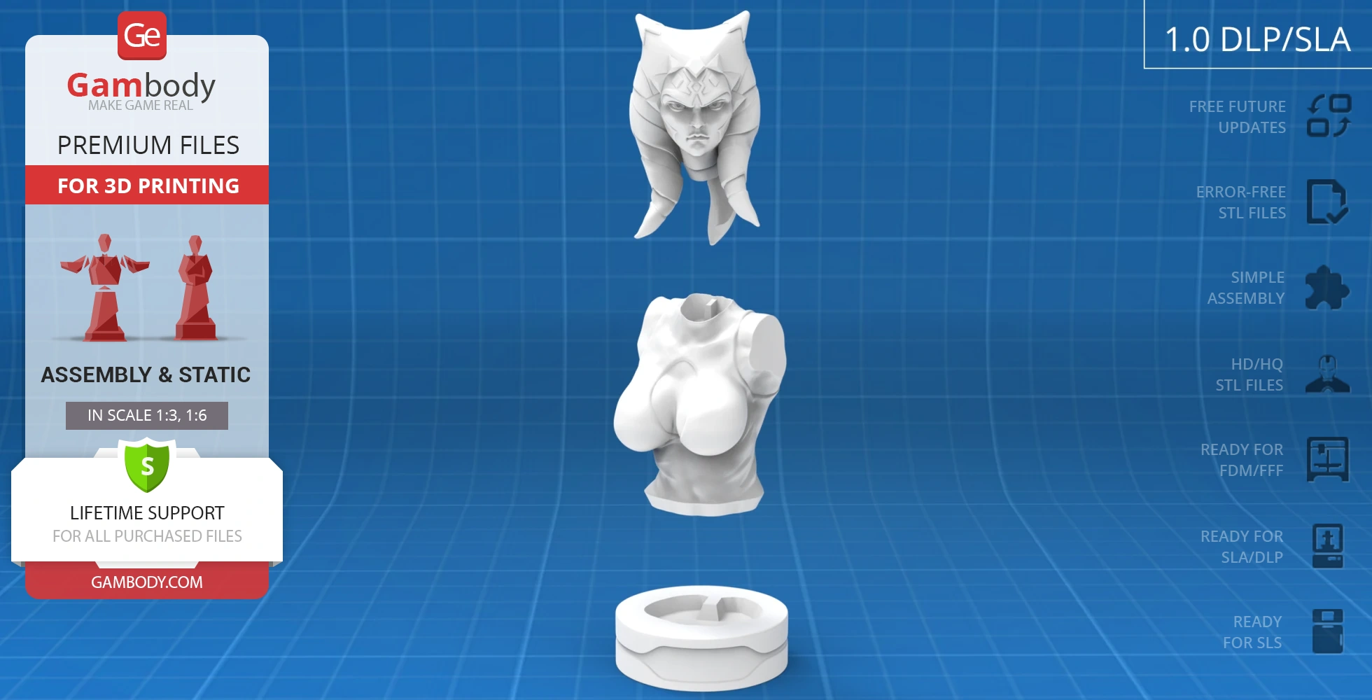 3D model of Ahsoka Tano bust from Star Wars for assembly, featuring head, torso, and base parts.