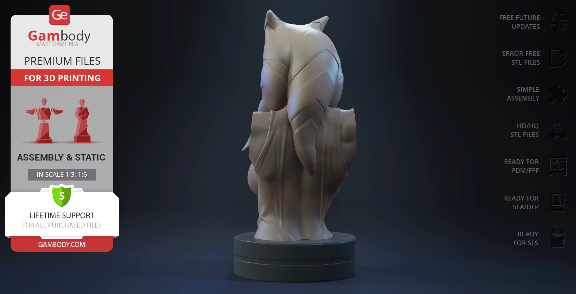 A 3D printed bust of a character with a headpiece and cloak, showcased from the back.