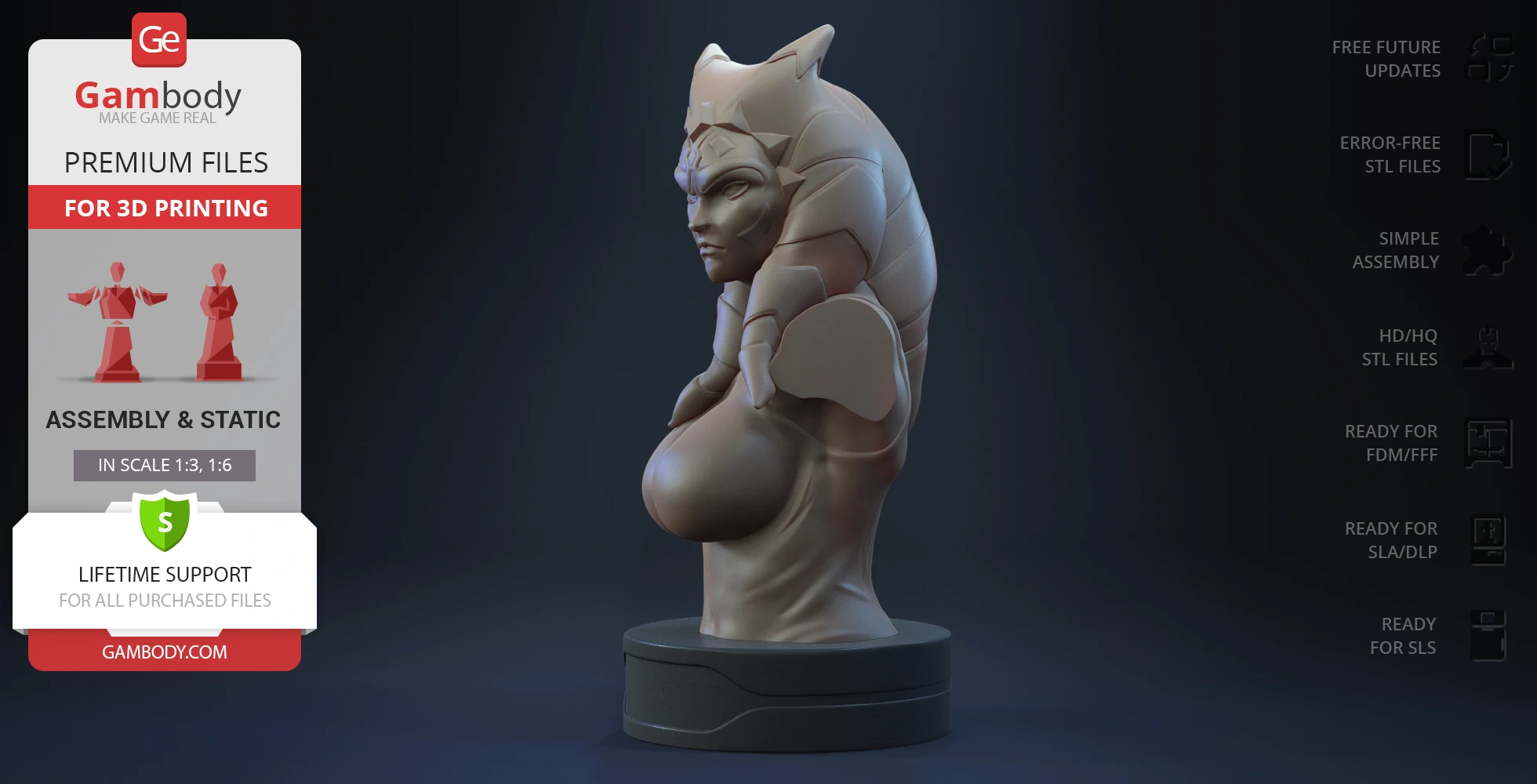 Bust of Ahsoka Tano from Star Wars, depicted with detailed headgear and markings, ready for 3D printing.