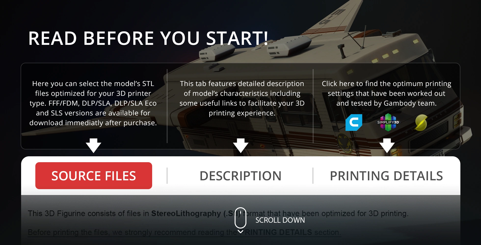 A detailed view of a sci-fi vehicle model with instructions for downloading 3D printing files and settings.