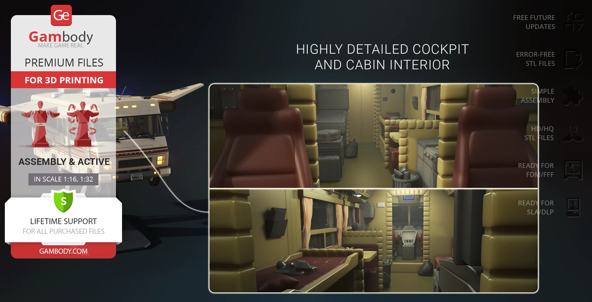 Futuristic RV with detailed cockpit and cozy cabin interior for 3D printing.