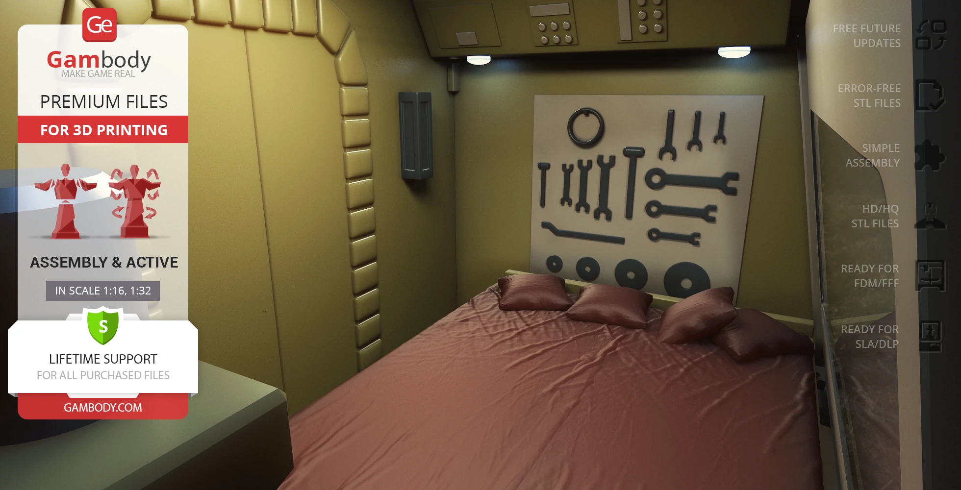 Cozy sci-fi spaceship bedroom with a tool-decorated wall and brown bedding.