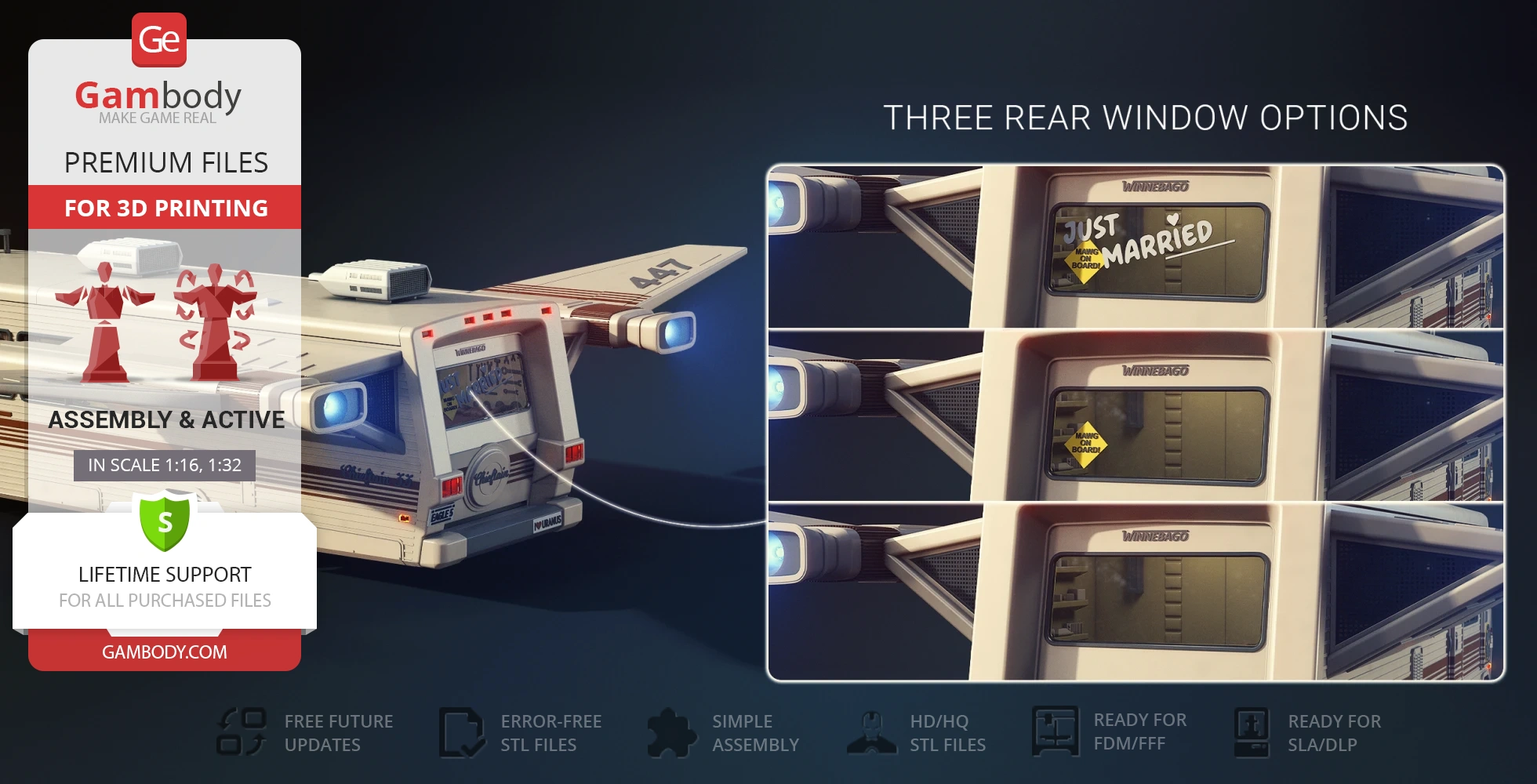 Futuristic vehicle model with customizable rear windows, designed for 3D printing.