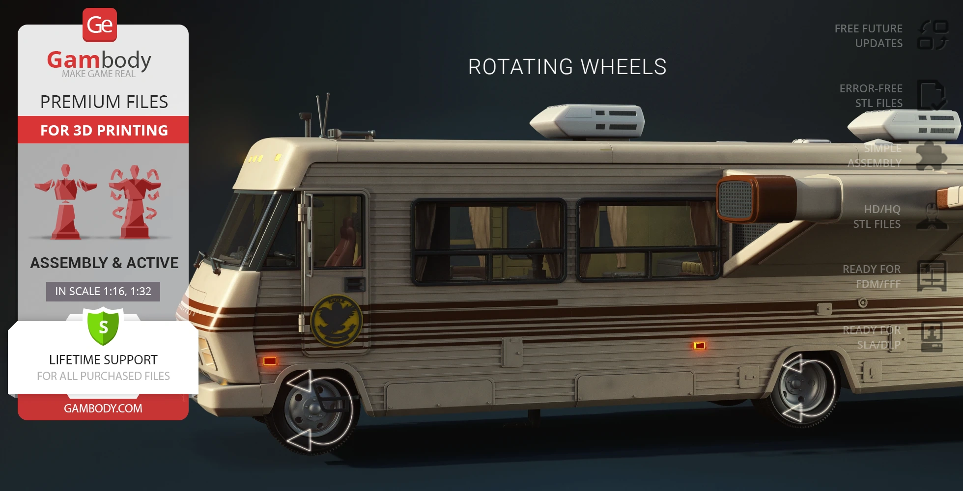 Retro RV model with rotating wheels, designed for 3D printing. Features sci-fi elements on the roof.