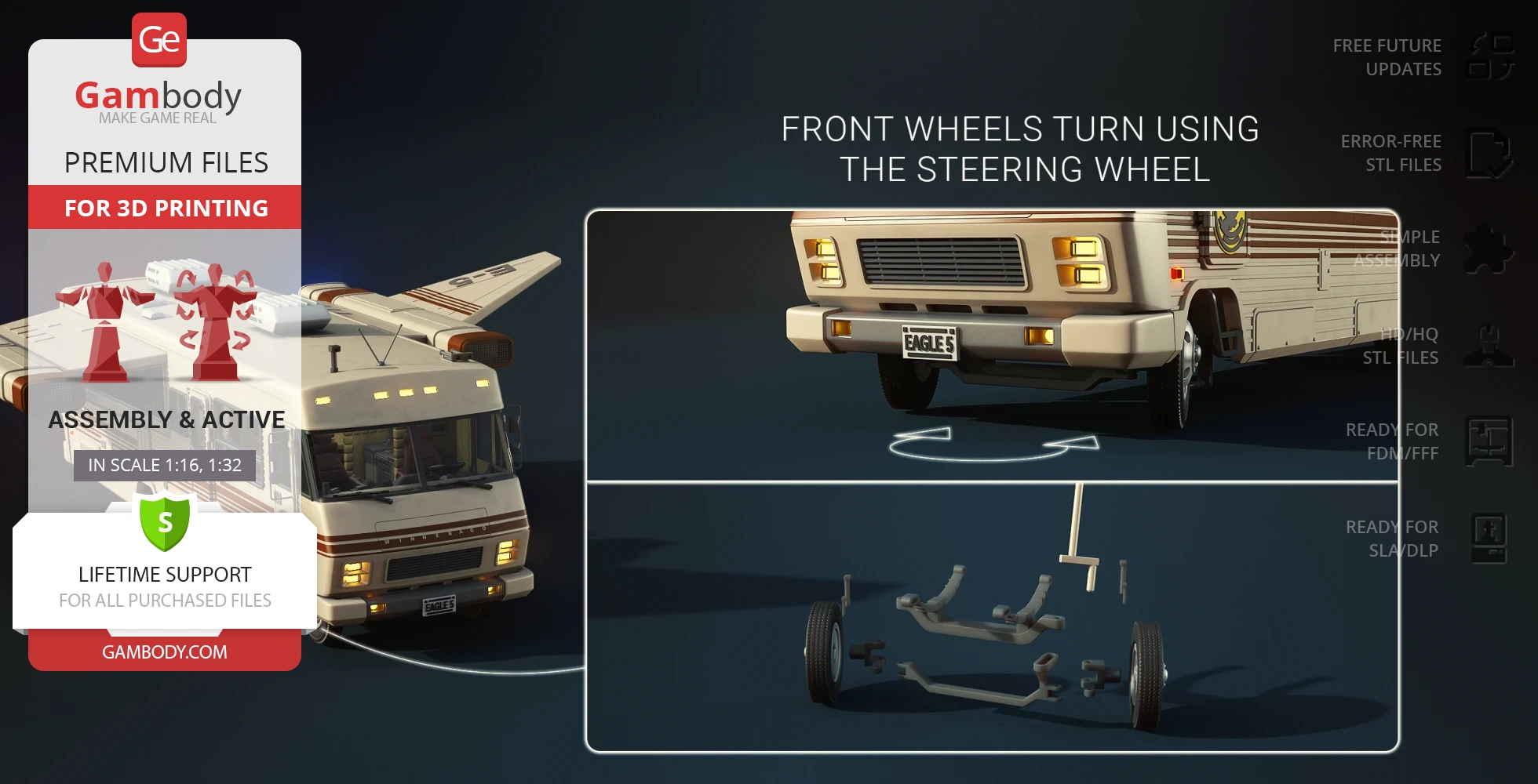 A sci-fi vehicle with wings and wheels, showing detailed 3D printable components and assembly guide.