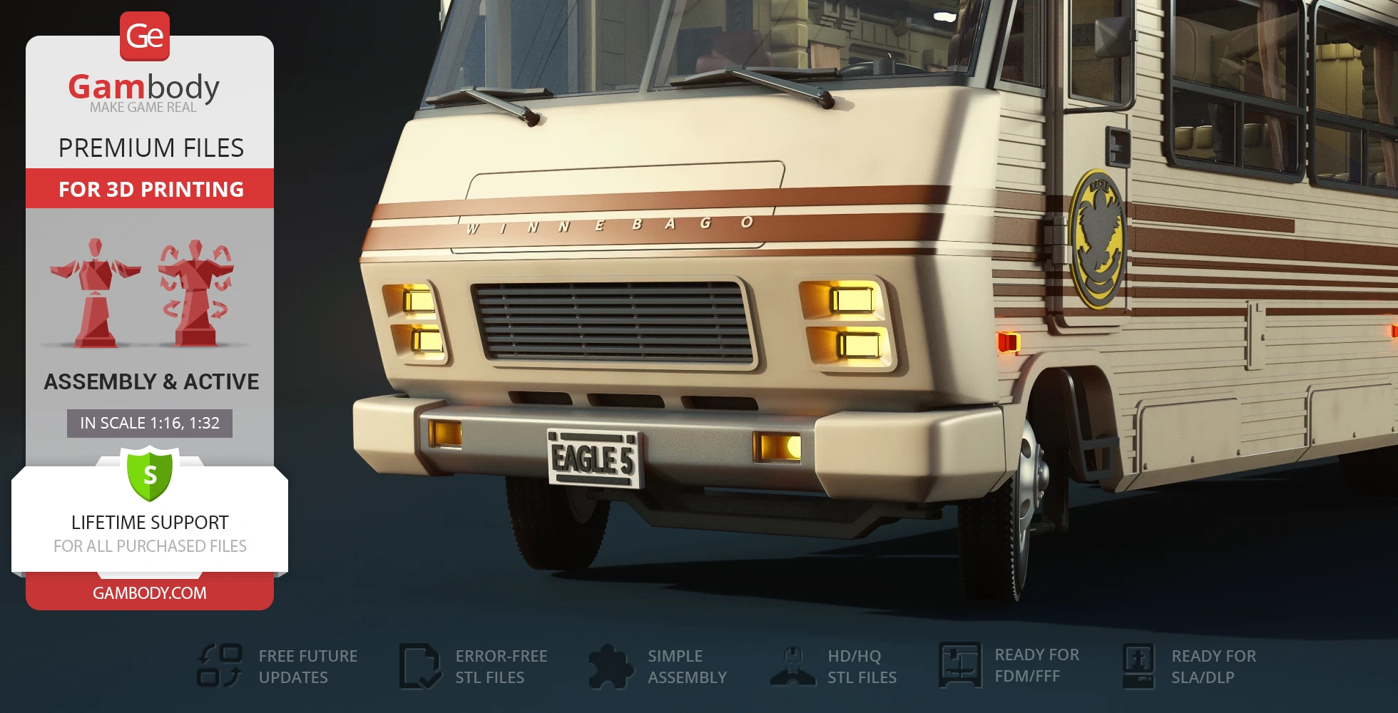 Beige Winnebago-themed vehicle model, labeled 'Eagle 5,' for 3D printing on Gambody.