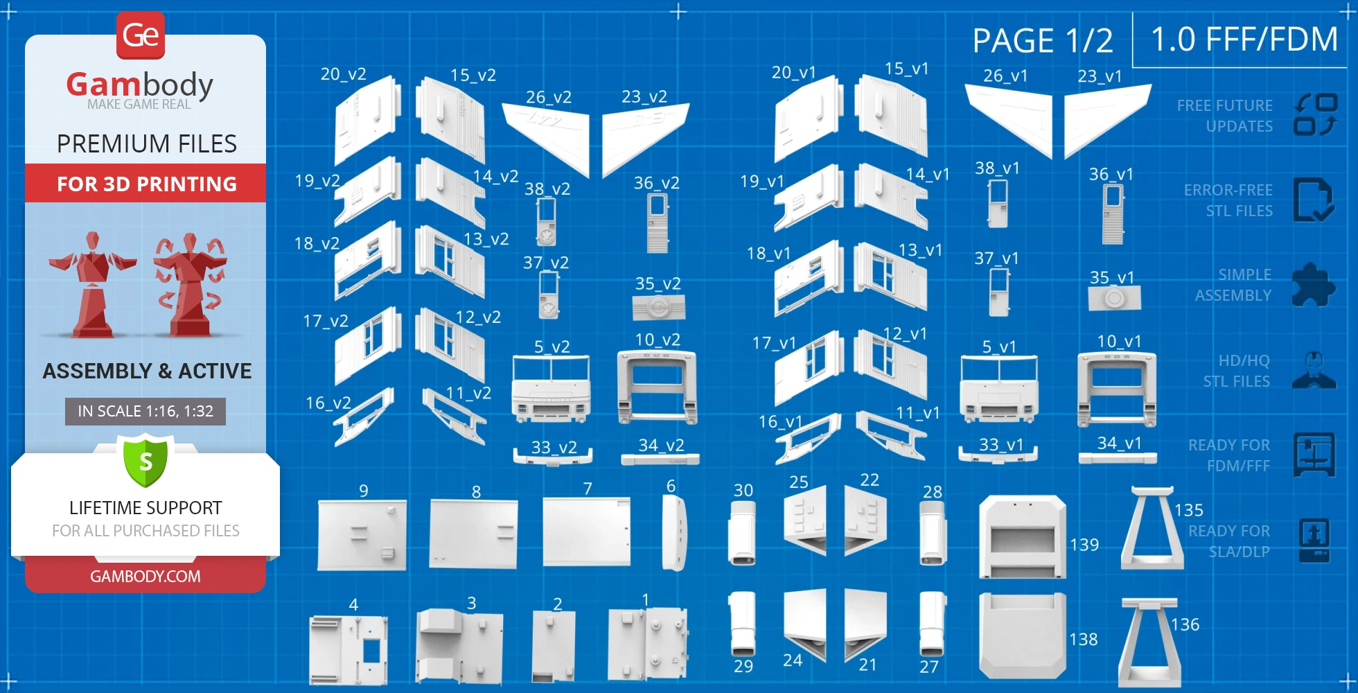 Blueprint of 3D-printed parts for 'Eagle 5' model from Gambody. Includes labeled components for assembly.