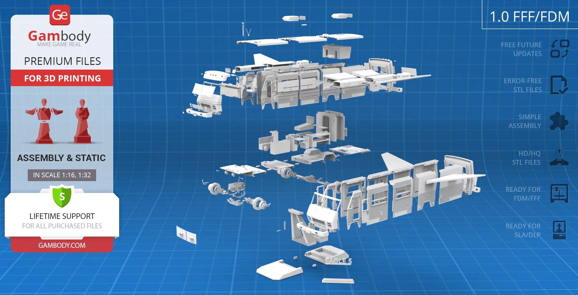 Exploded 3D model view of the Eagle 5 spacecraft with assembly parts on a blue grid background.