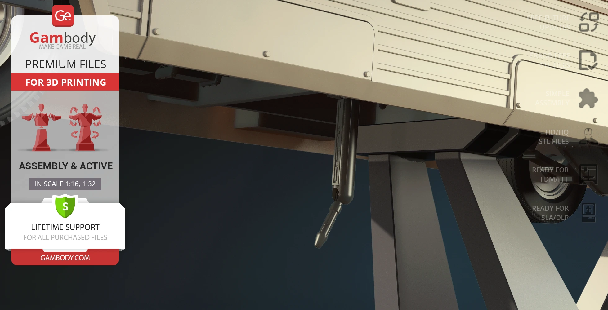 Close-up of a detailed sci-fi vehicle model for 3D printing, showcasing mechanical components and paneling.